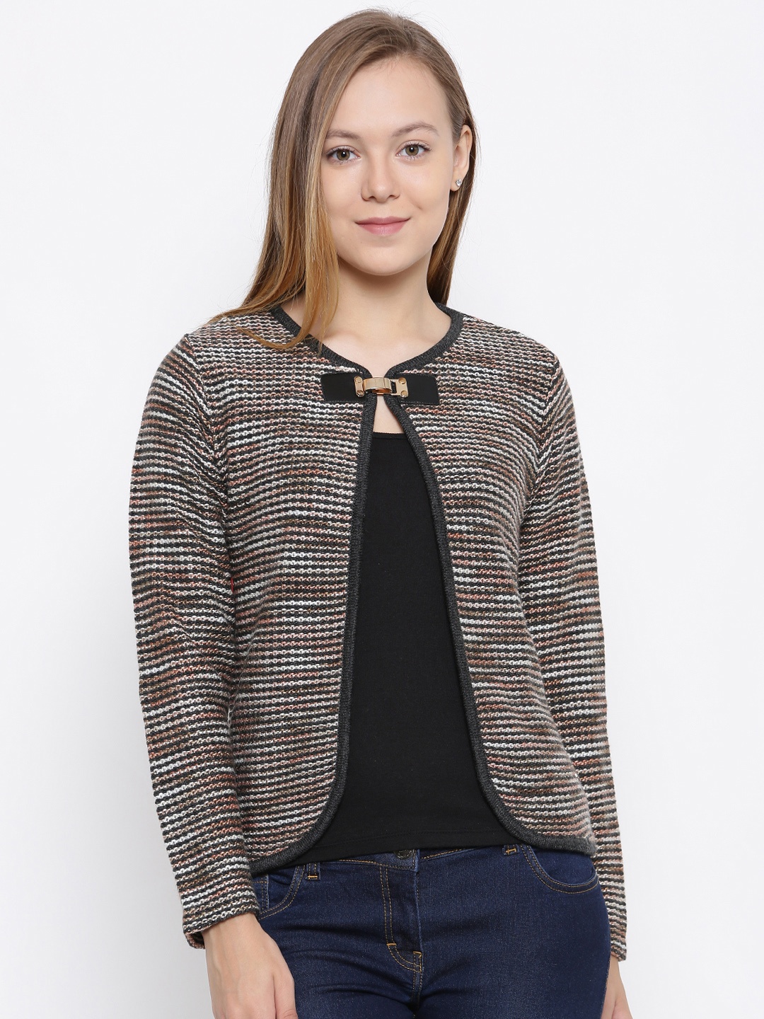 

Park Avenue Women Brown & Off-White Self Design Front-Open Sweater