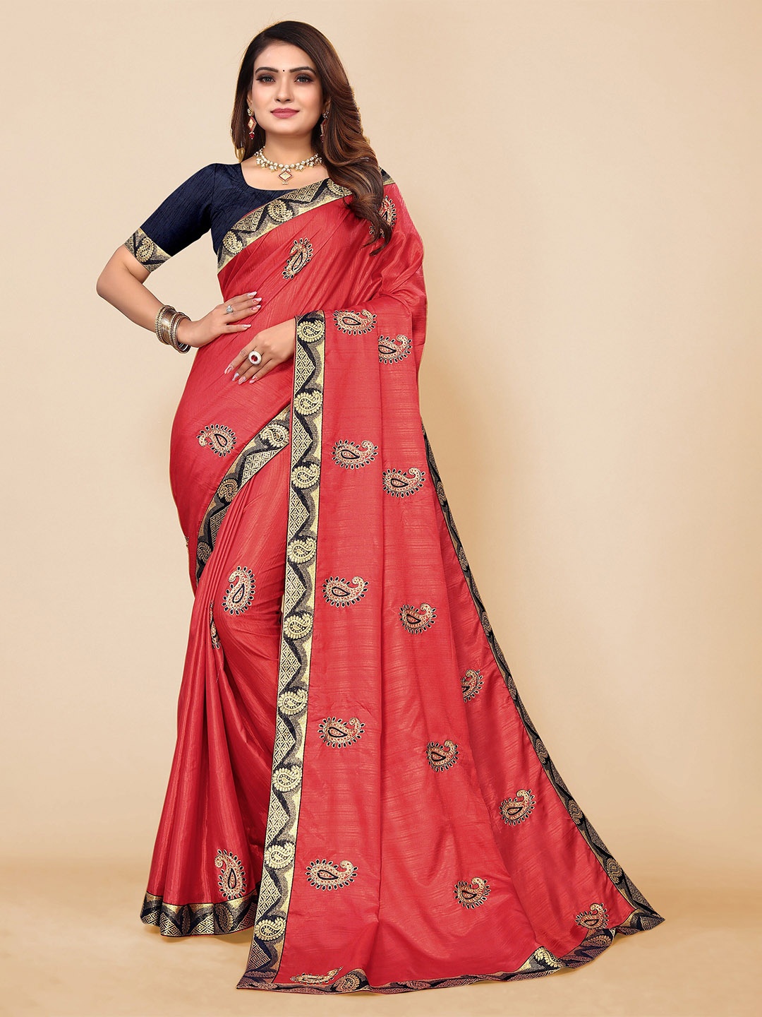 

all about you Paisley Embroidered Pure Silk Saree, Red