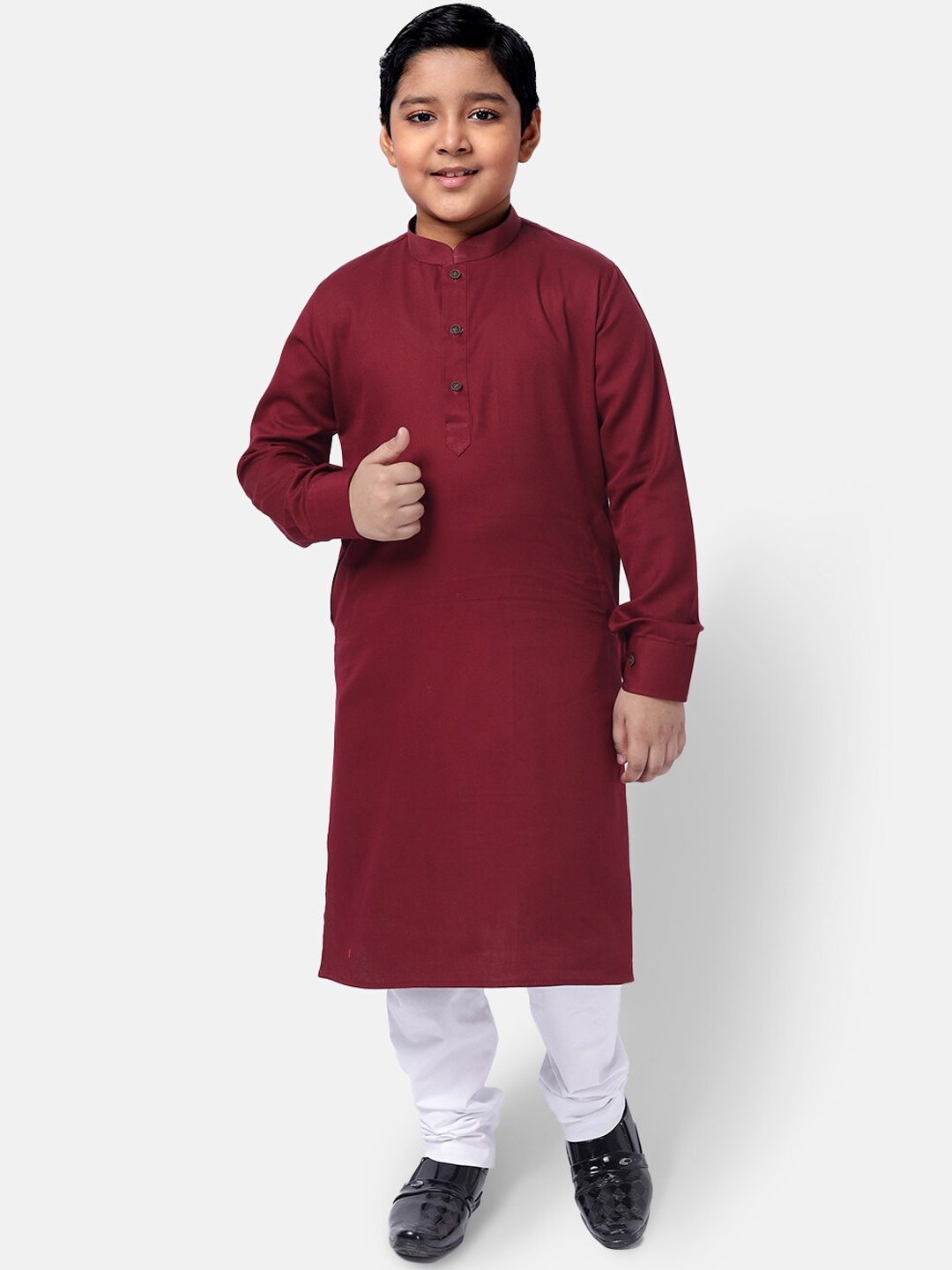 

NAMASKAR Boys Mandarin Collar Pure Cotton Kurta with Churidar, Maroon