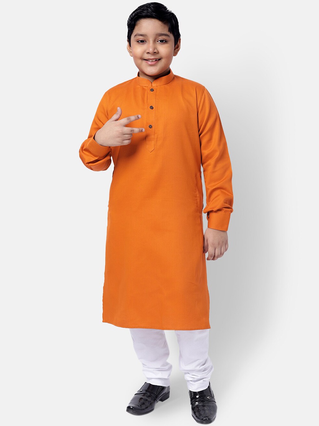 

NAMASKAR Boys Mandarin collar Dupion Silk Kurta with Churidar, Mustard