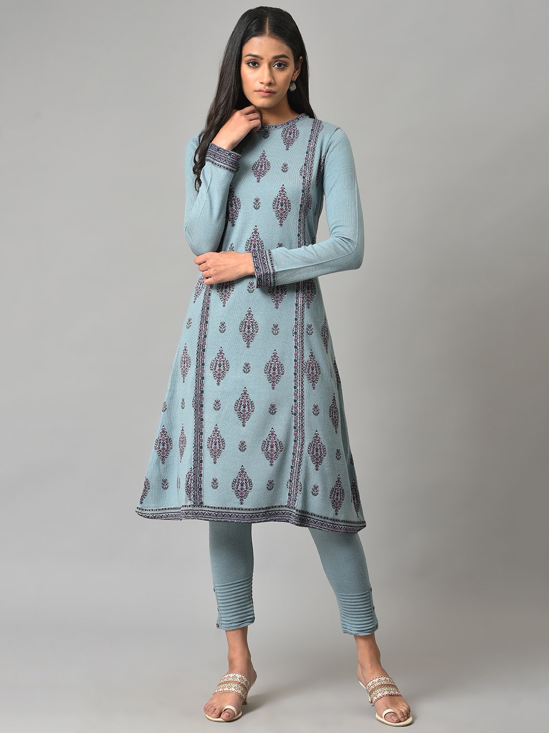 

W Women Geometric Printed Acrylic A-Line Kurta, Blue