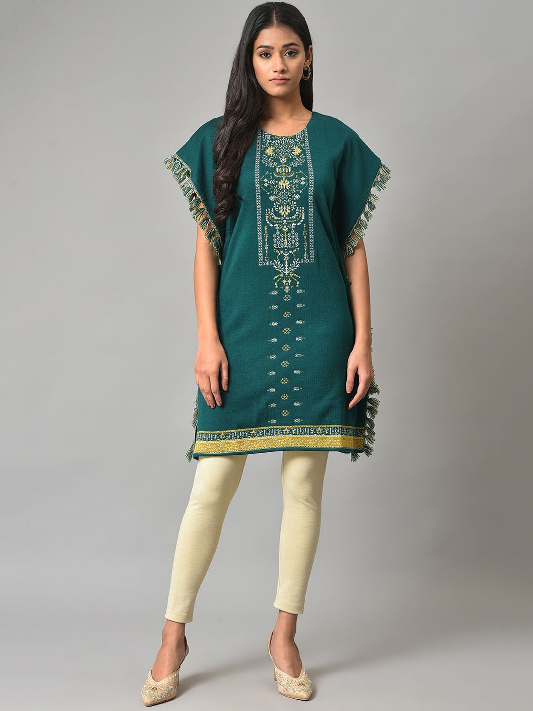 

W Ethnic Motifs Printed Flared Sleeves Acrylic Kaftan Kurti, Green
