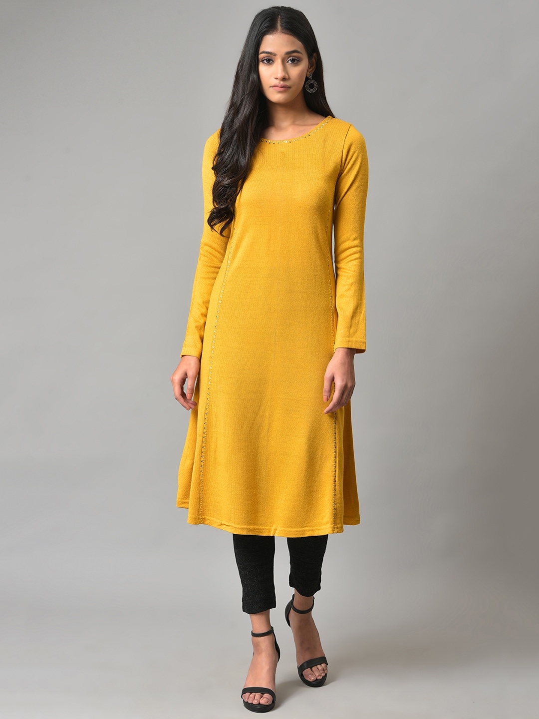 

W Women Long Sleeves Boat Neck Acrylic Kurta, Yellow