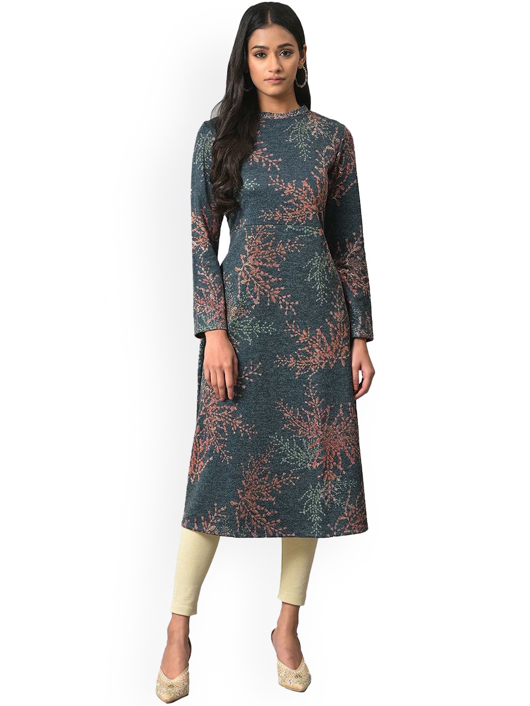 

W Women Round Neck Floral Printed Kurta, Blue