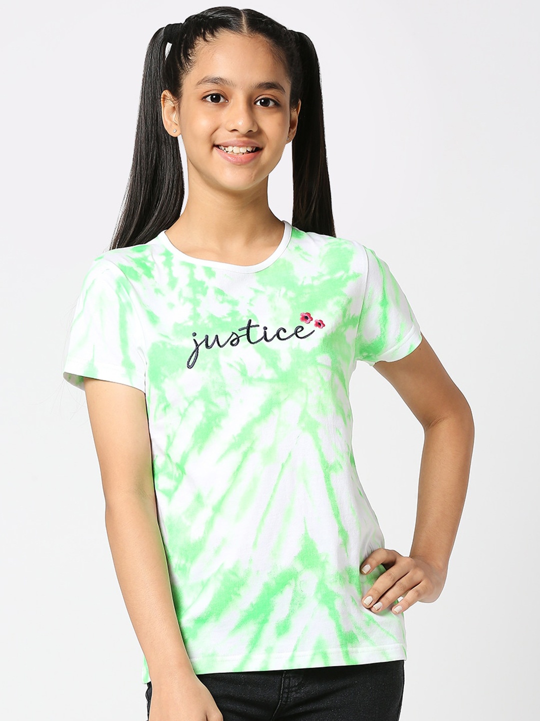 

JUSTICE Girls Tie and Dye Round Neck Cotton T-shirt, White