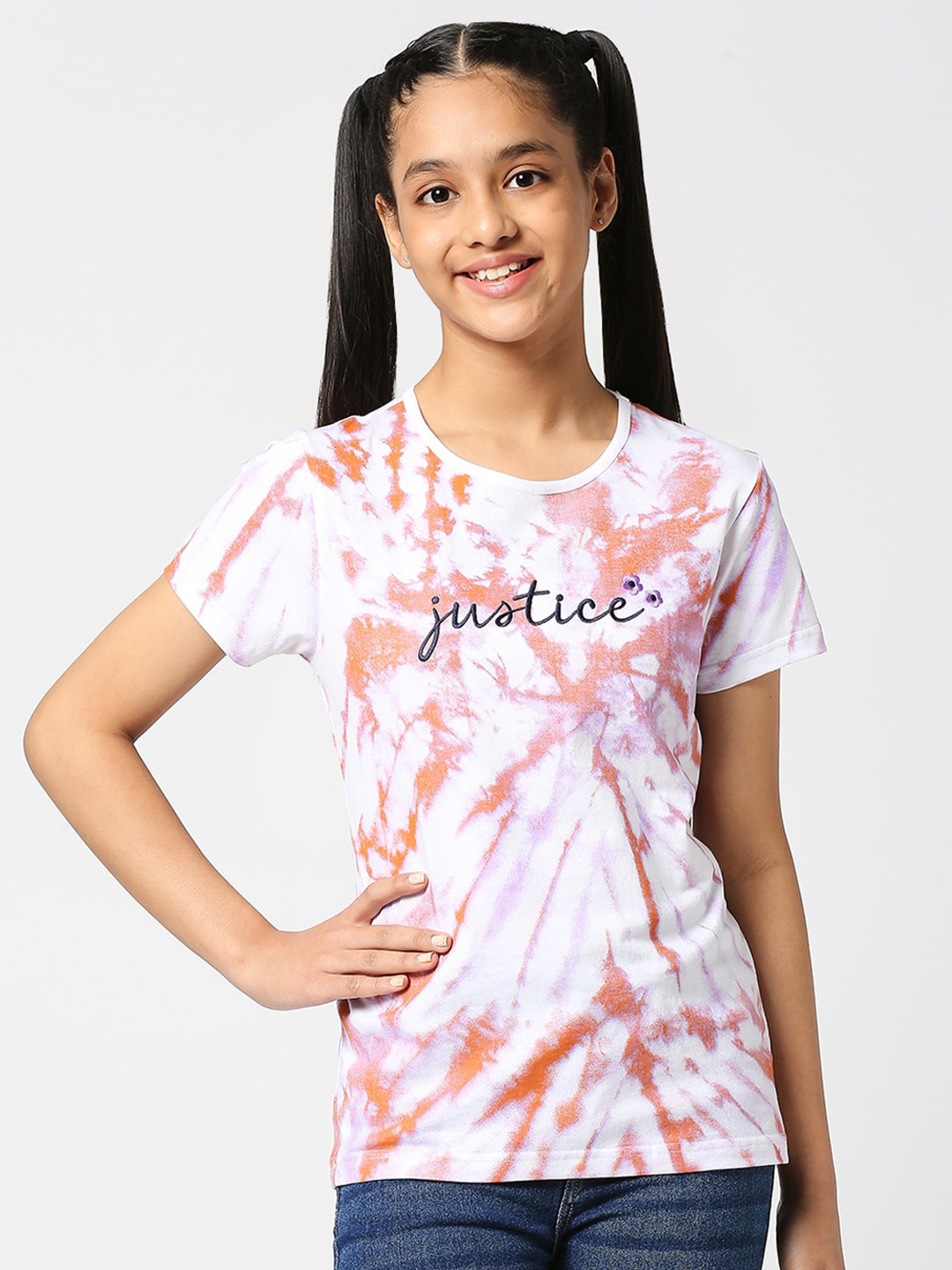 

JUSTICE Girls Tie and Dye Round Neck Cotton T-shirt, White