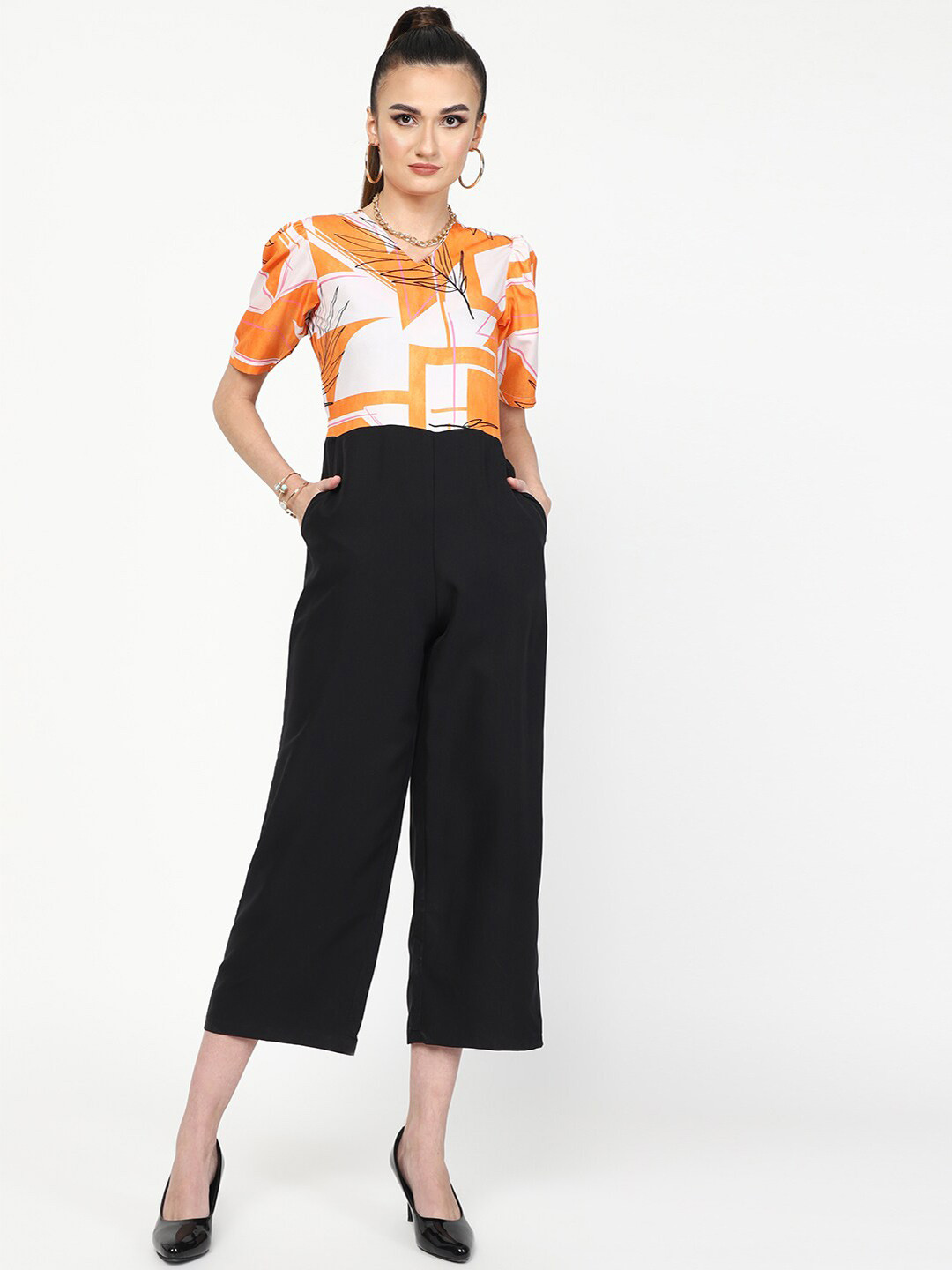 

J Turritopsis Printed V-Neck Short Sleeves Capri Jumpsuit, Black