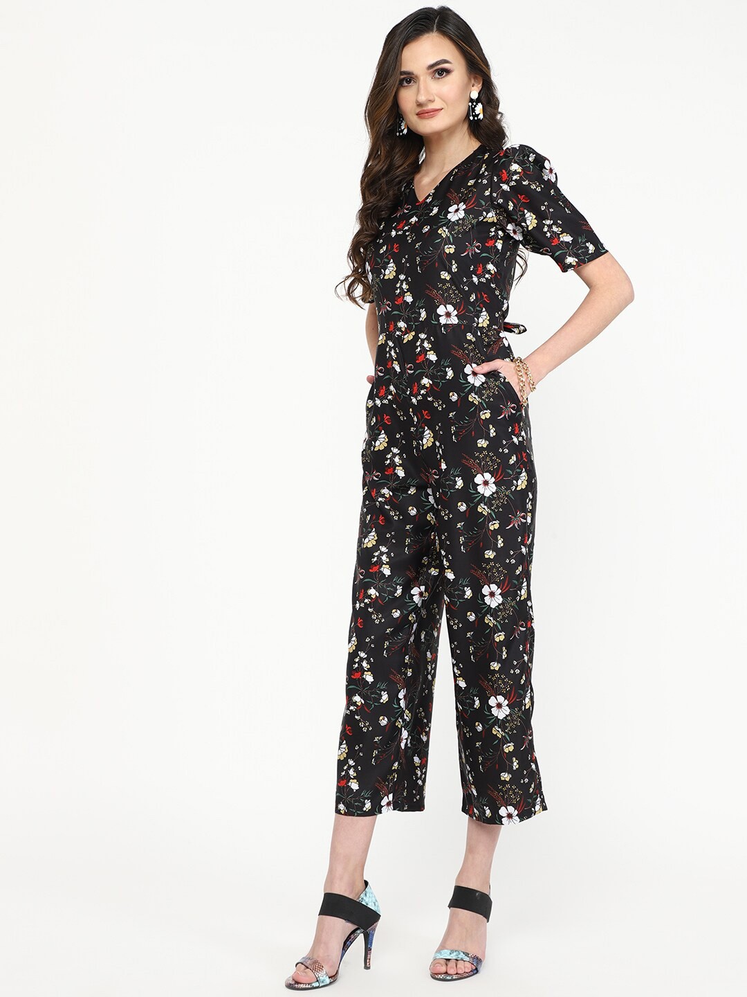 

J Turritopsis Printed V-Neck Short Sleeves Capri Jumpsuit, Black