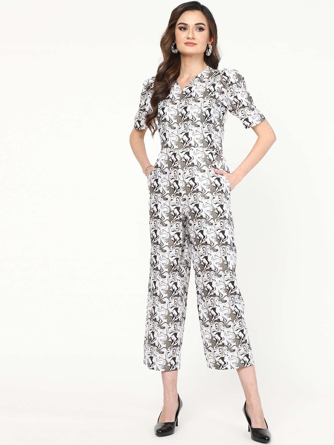 

J Turritopsis Women Printed V-Neck Basic Jumpsuit, White