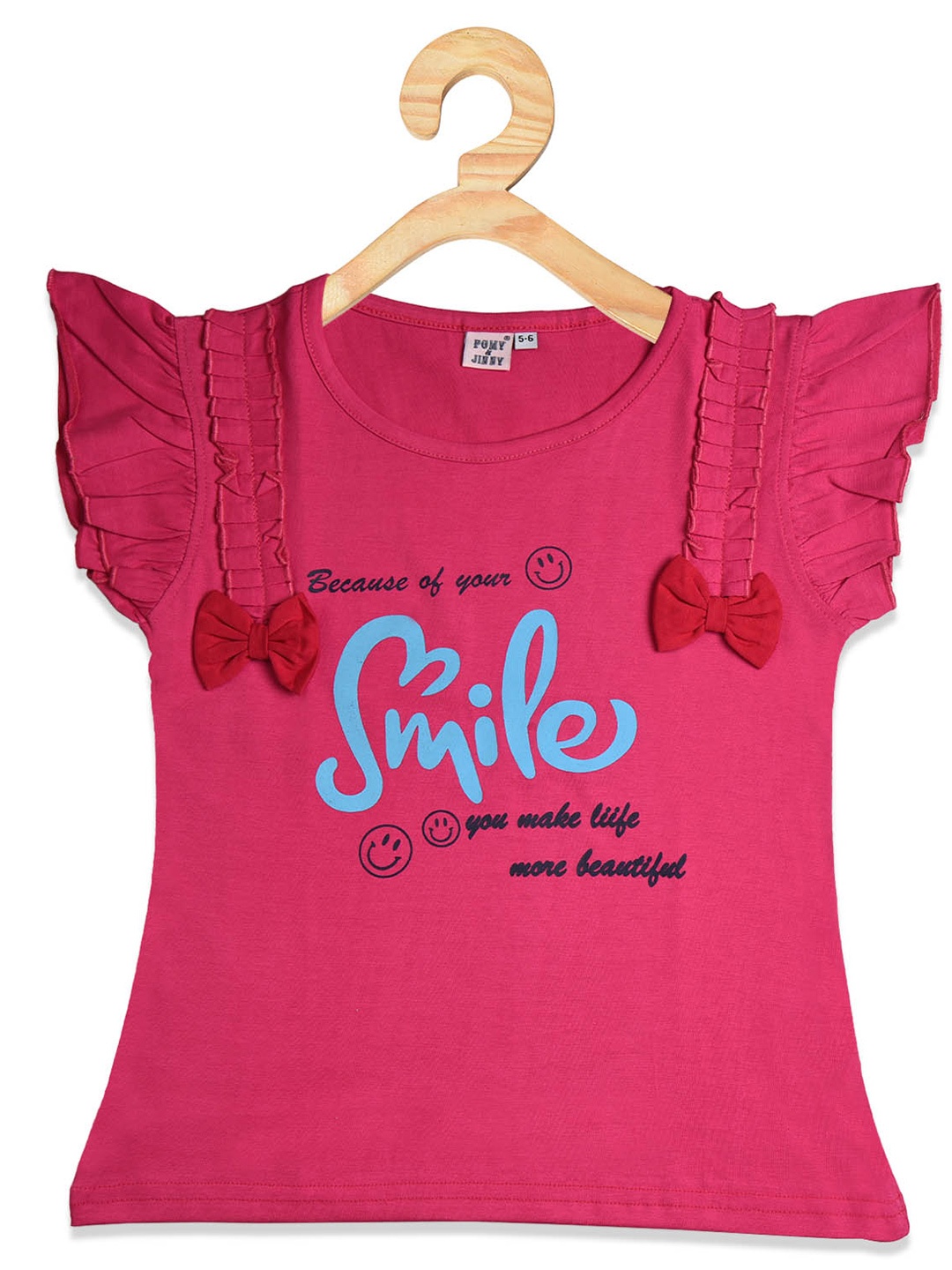 

POMY & JINNY Girls typography Print Ruffles Cotton Top, Pink