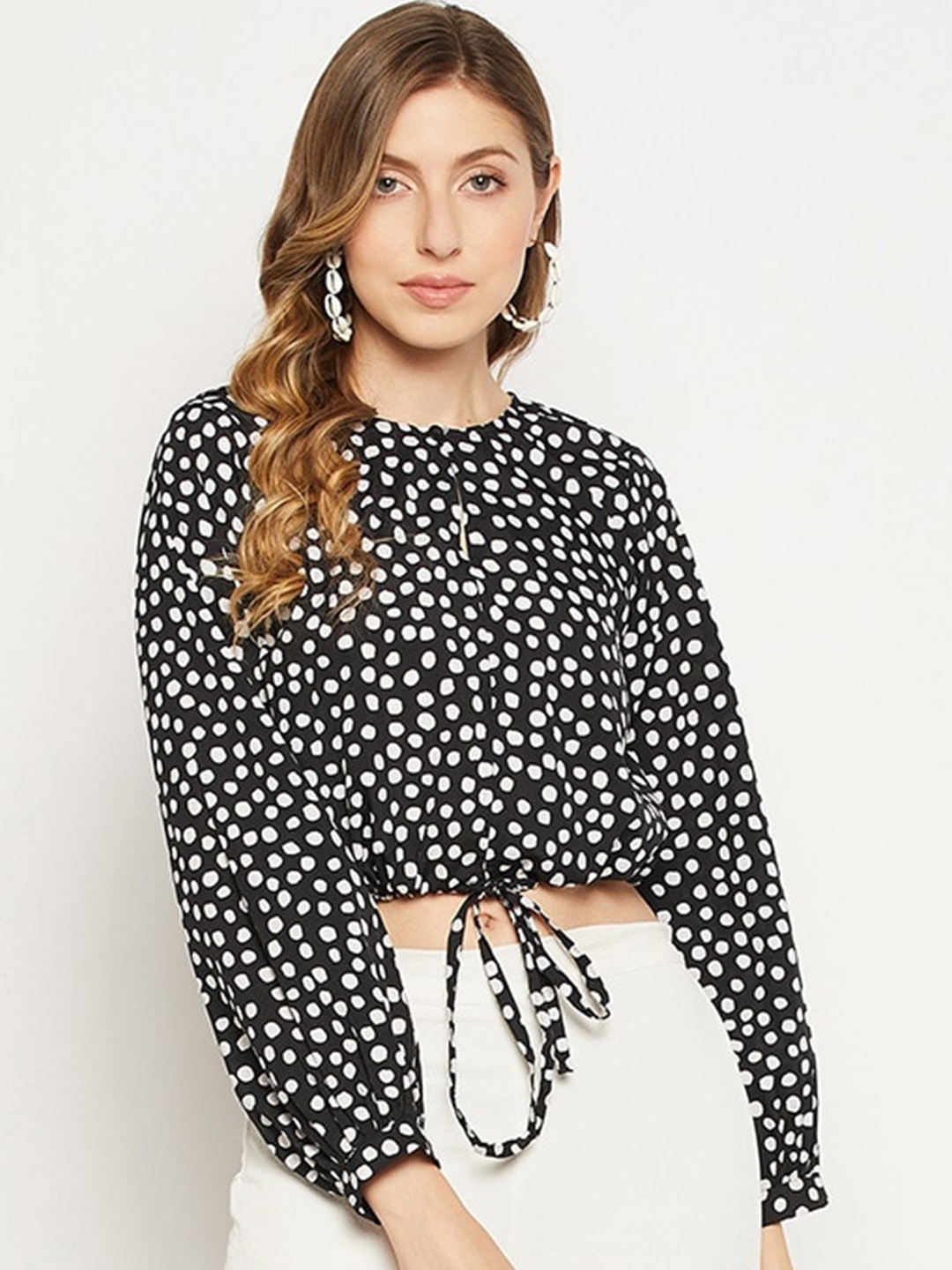 

Fashfun Tie-Up Neck Crepe Crop Top, Black
