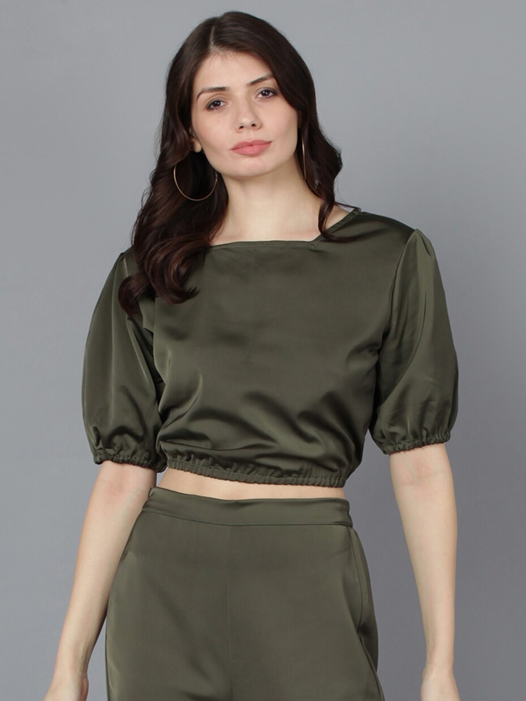 

Fashfun Square Neck Puff Sleeves Crop Top, Olive