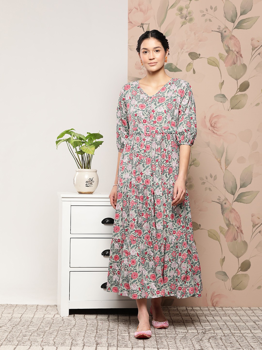 

Janasya Floral Cotton A-Line Maxi Dress, Green