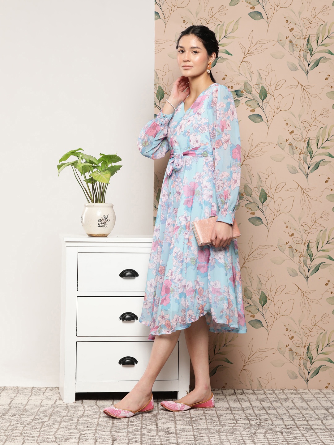 

Janasya Floral A-Line Georgette Midi Dress, Turquoise blue