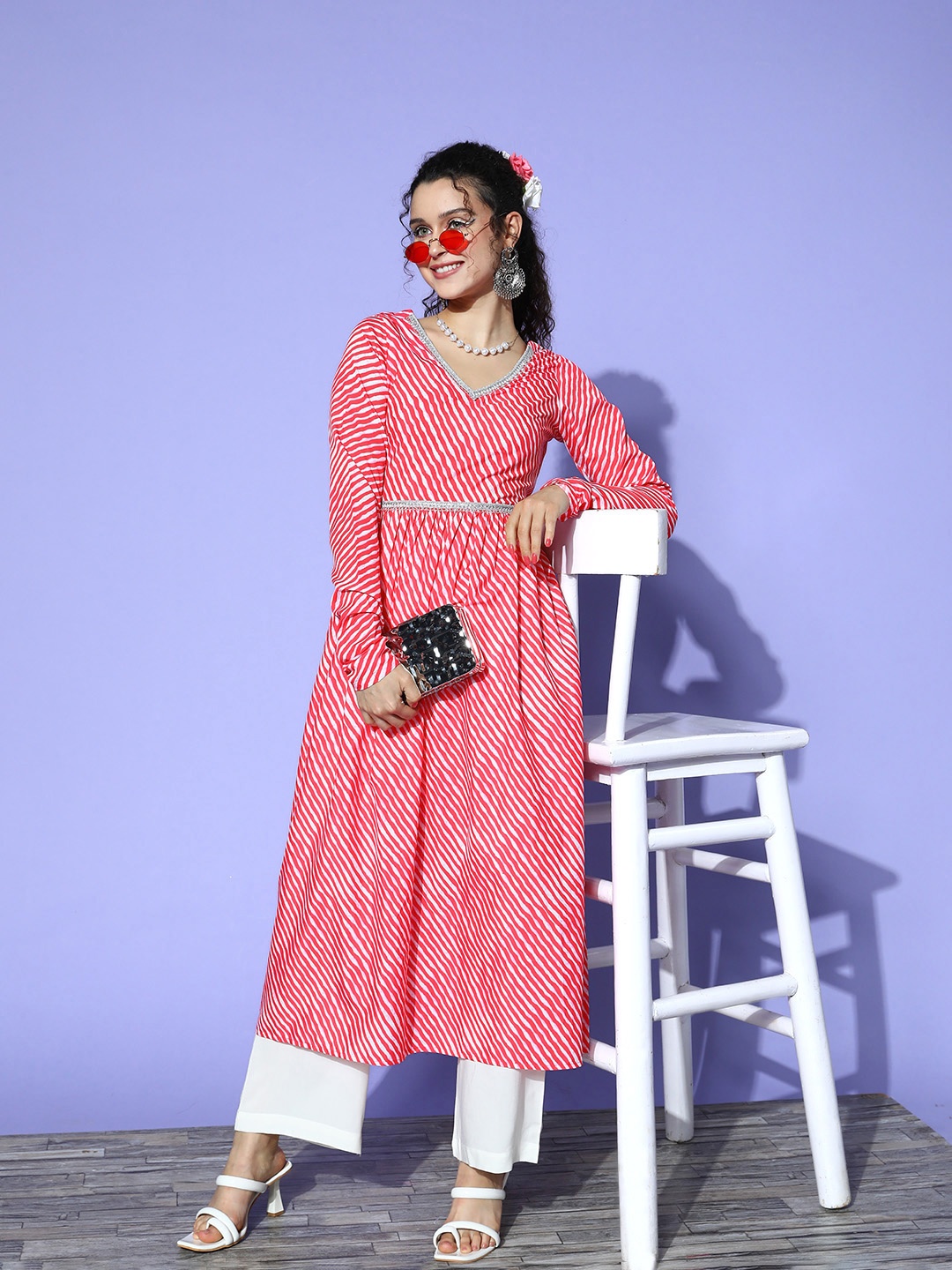 

SKYLEE Women Leheriya Printed Anarkali Kurta, Pink