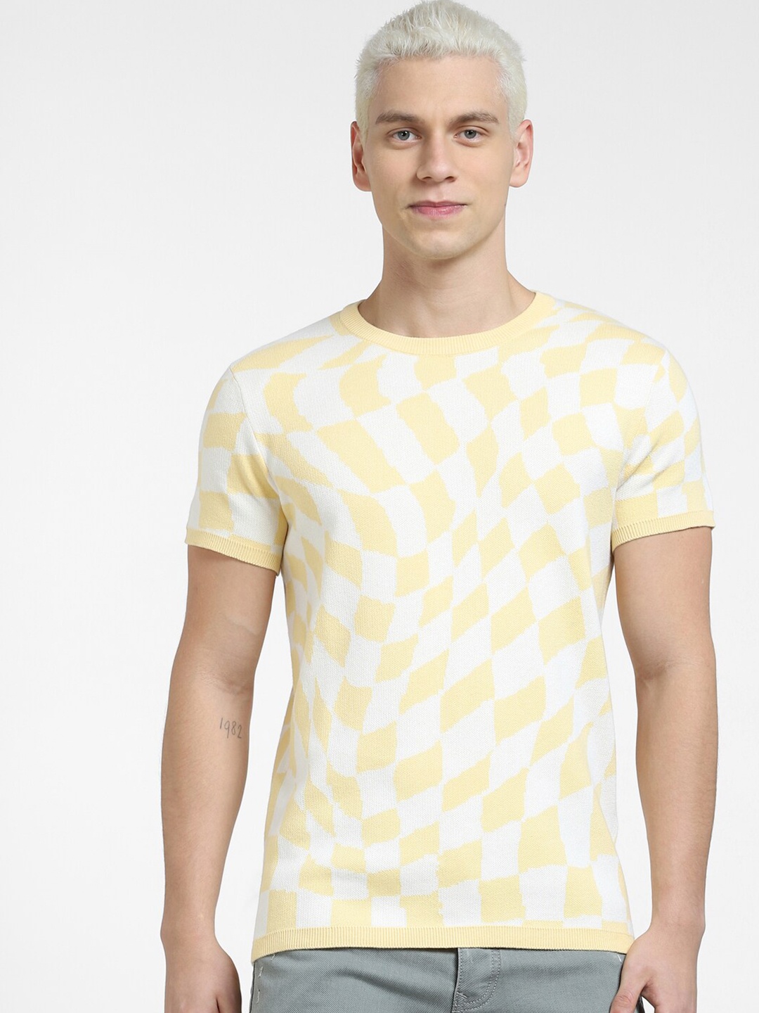 

Jack & Jones Men Checked Round Neck Cotton T-shirt, Yellow