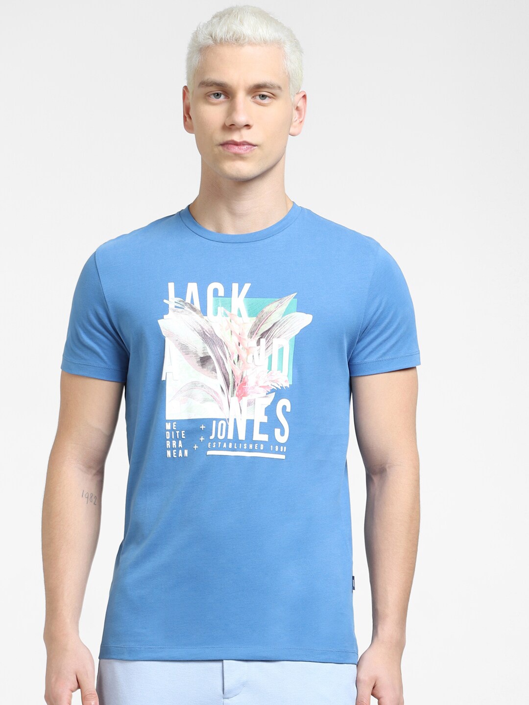 

Jack & Jones Men Graphic Printed Slim Fit Cotton T-shirt, Blue