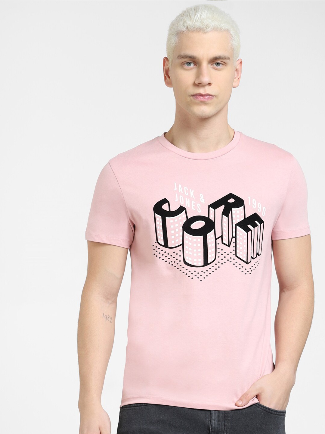 

Jack & Jones Men Graphic Printed Slim Fit Cotton T-shirt, Pink
