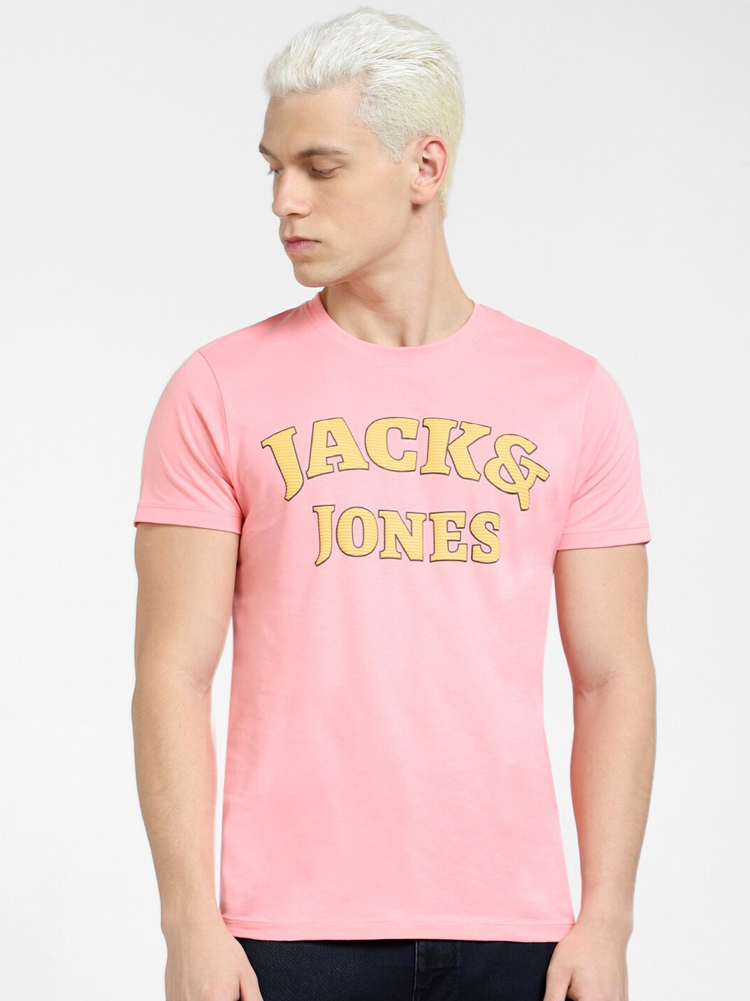 

Jack & Jones Men Typography Printed Slim Fit Cotton T-shirt, Pink