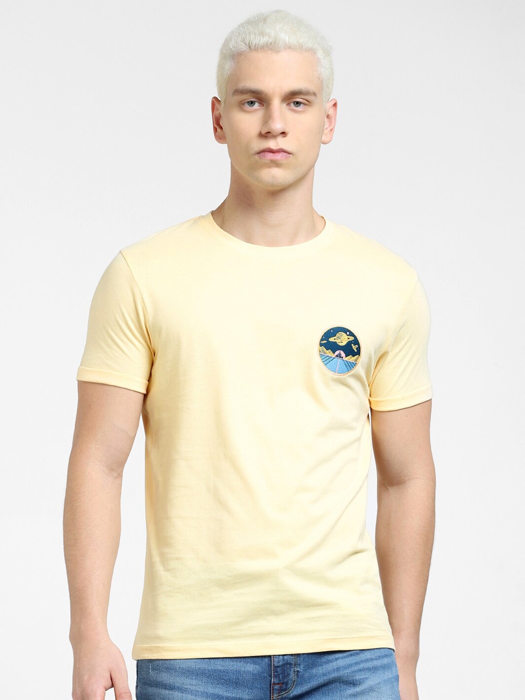 

Jack & Jones Men Slim Fit Round Neck Cotton T-shirt, Yellow