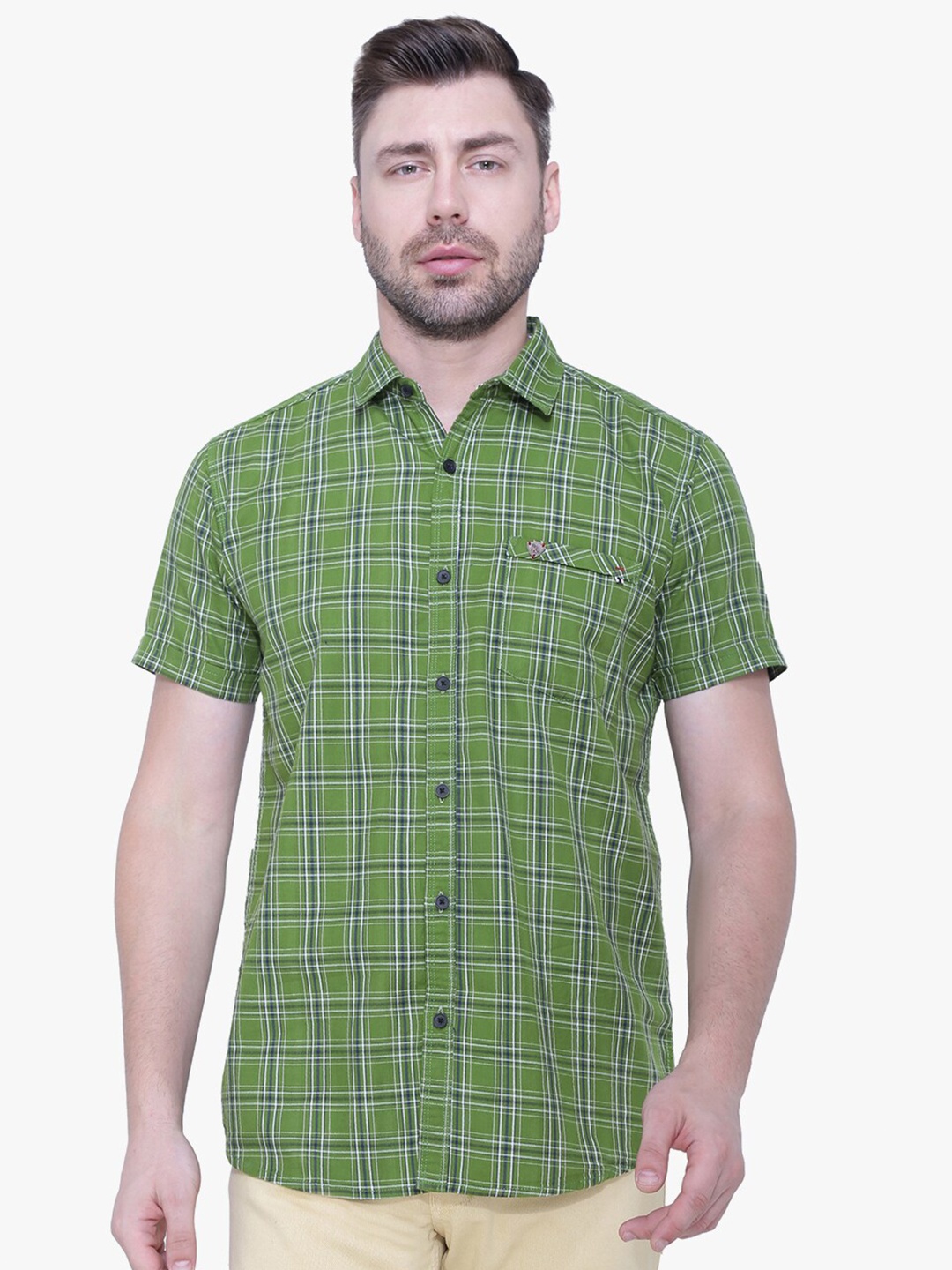 

Kuons Avenue Men Smart Slim Fit Checked Casual Cotton Shirt, Green