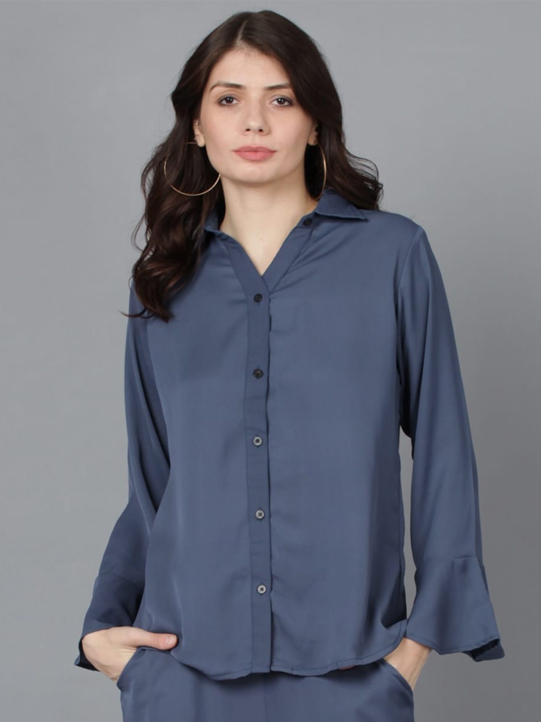 

Fashfun Women Standard Bell Sleeves Formal Shirt, Navy blue