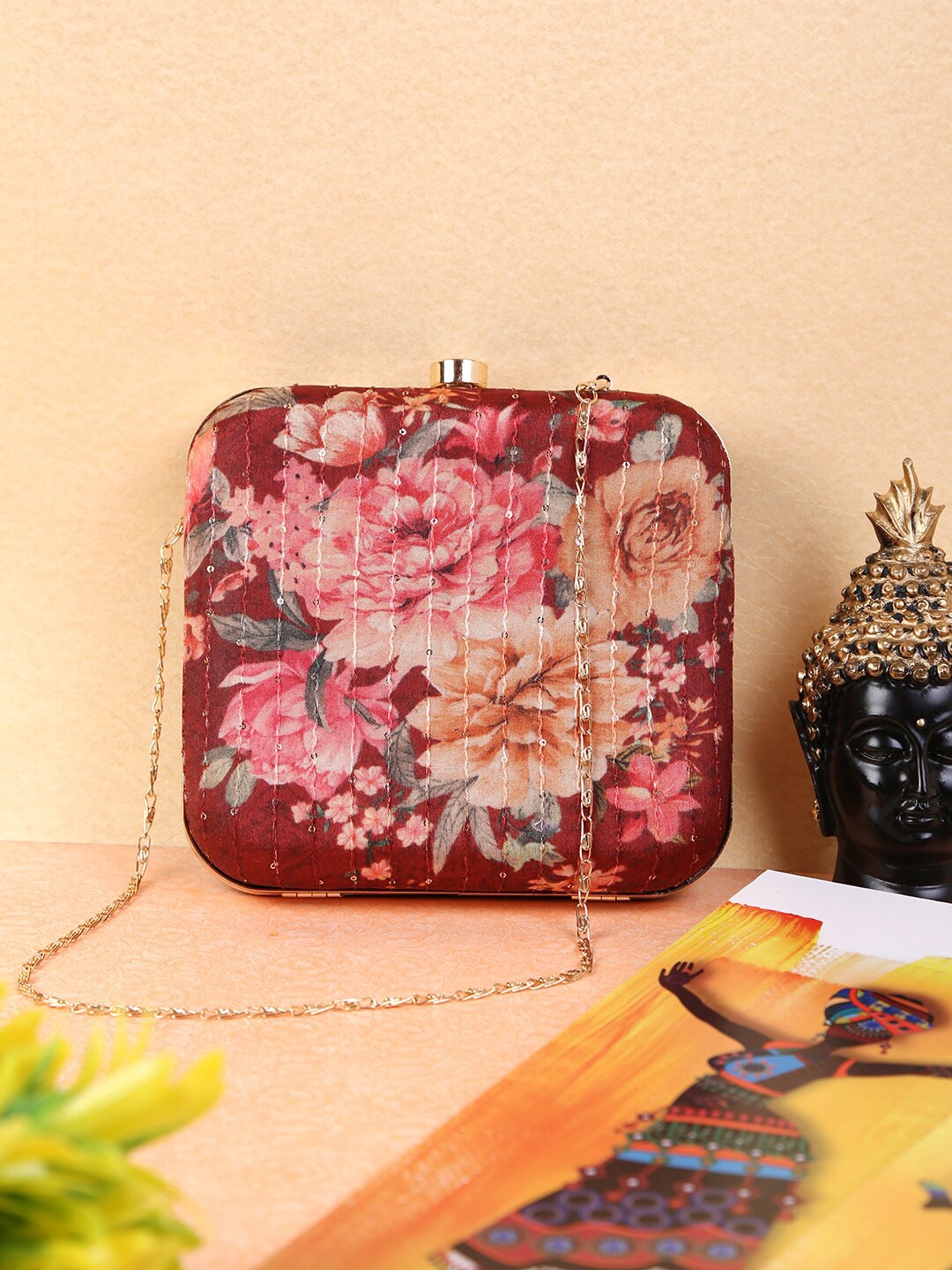 

TRINK Printed Box Clutch With Chain Strap, Maroon