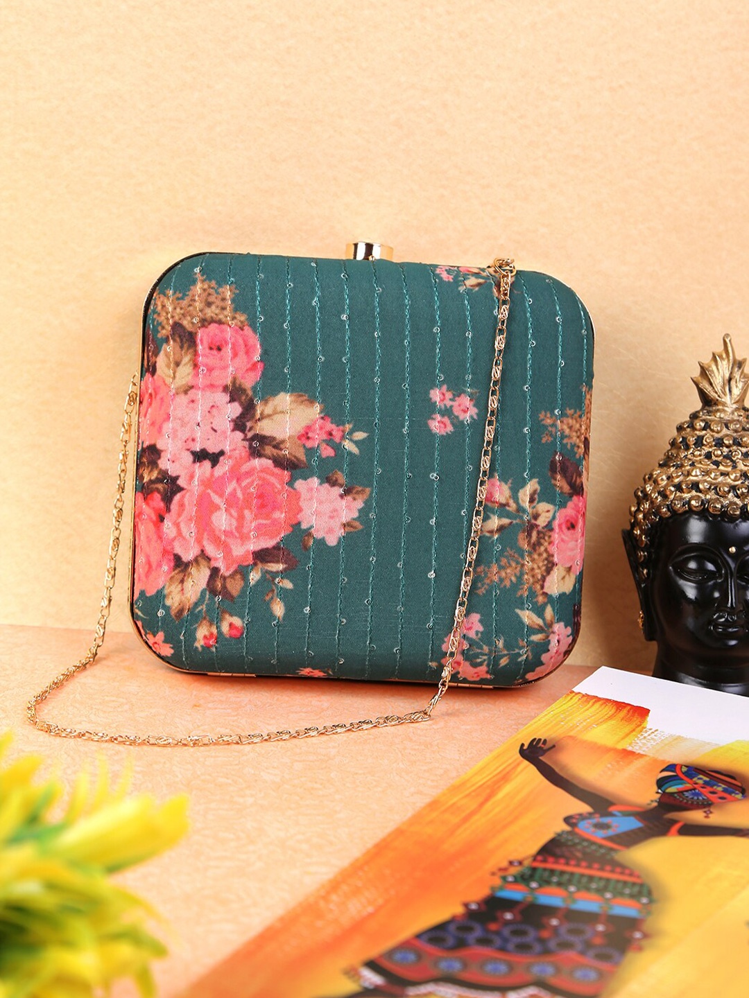 

TRINK Floral Printed Box Clutch With Chain Strap, Grey melange
