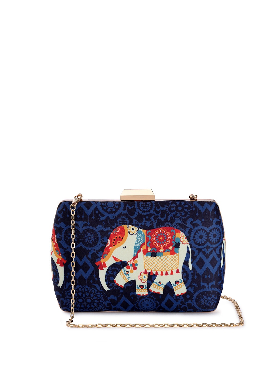 

TRINK Printed Box Clutch with Chain Strap, Navy blue