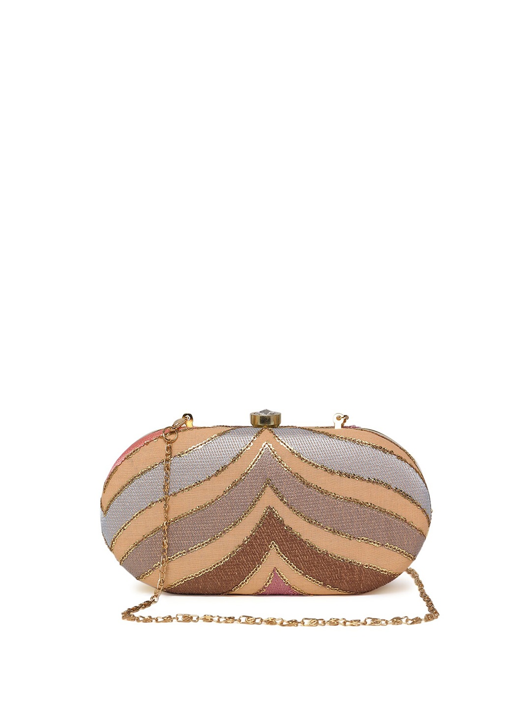 

TRINK Printed Embellished Box Clutch with Chain, Silver