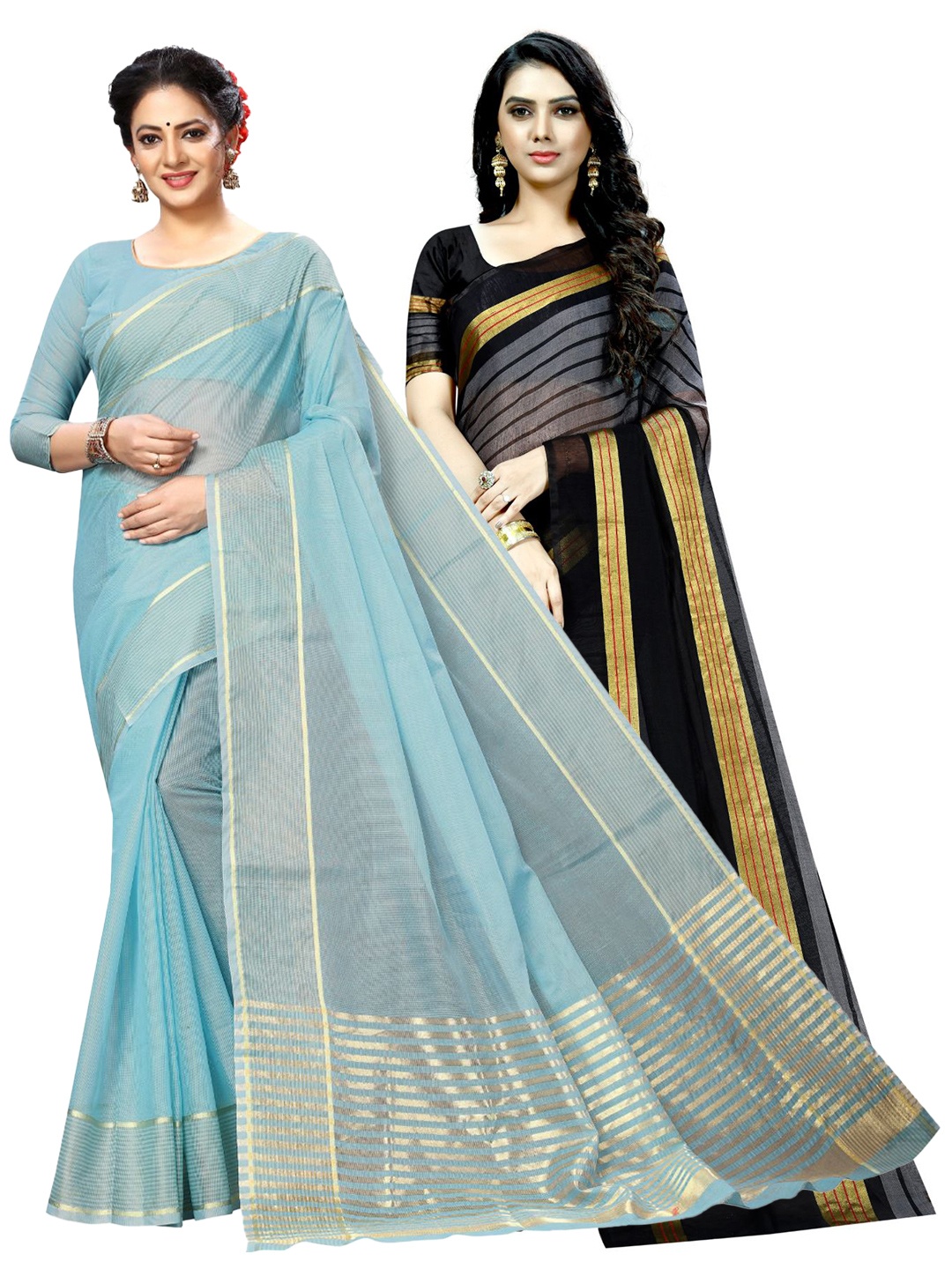 

SAADHVI A Selection of 2 Striped Sarees, Blue