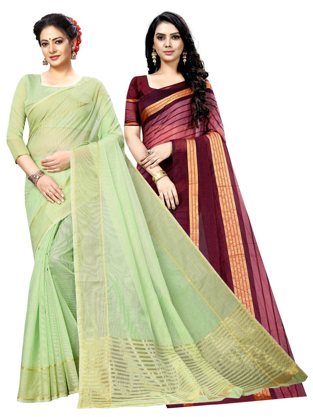 

SAADHVI A Selection of 2 Striped Sarees, Sea green