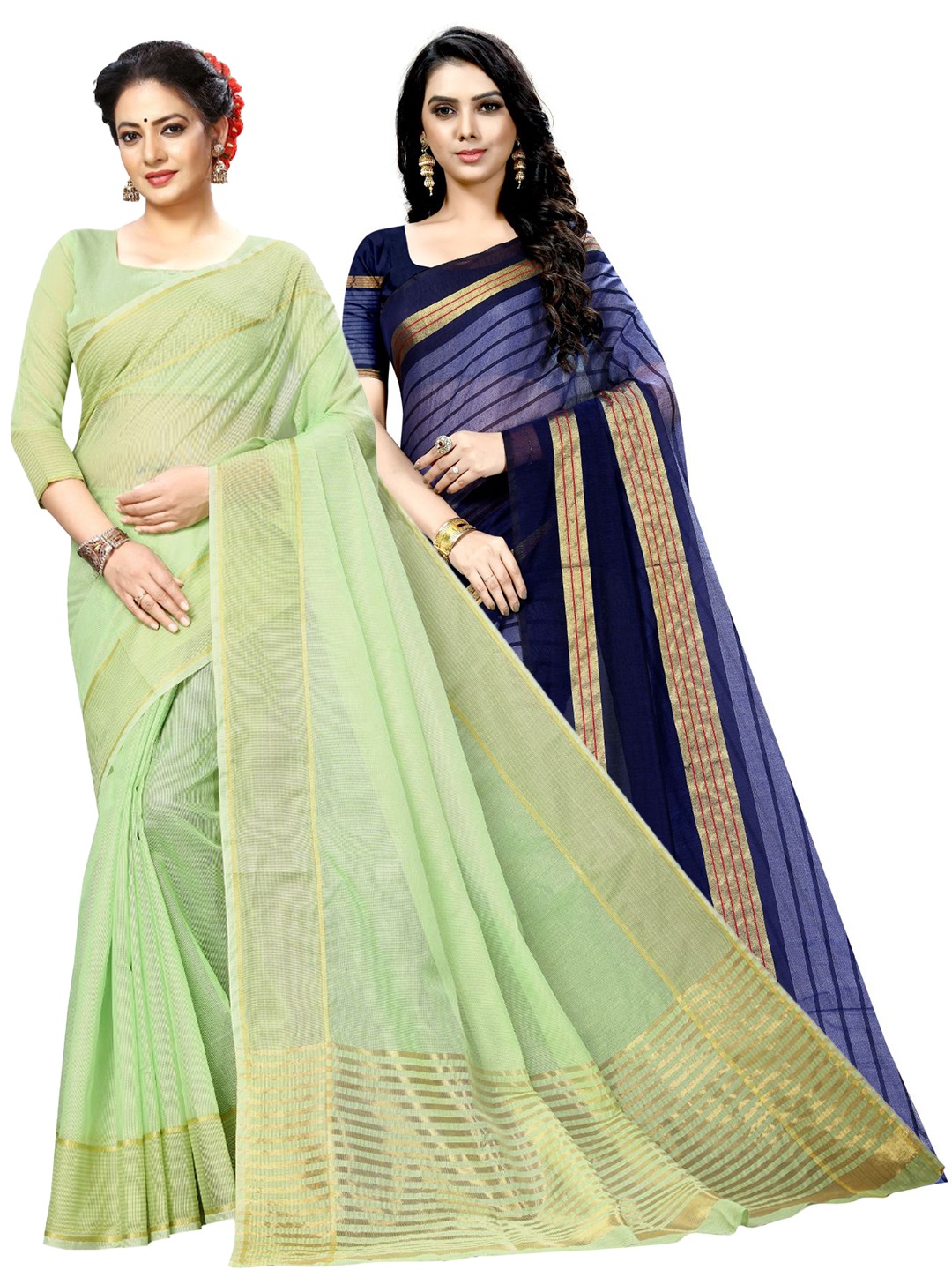 

SAADHVI A Selection of 2 Striped Sarees, Sea green