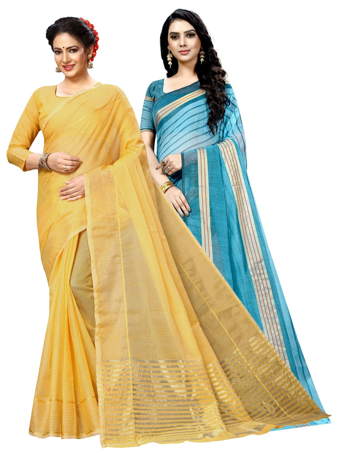 

SAADHVI A Selection of 2 Striped Sarees, Yellow