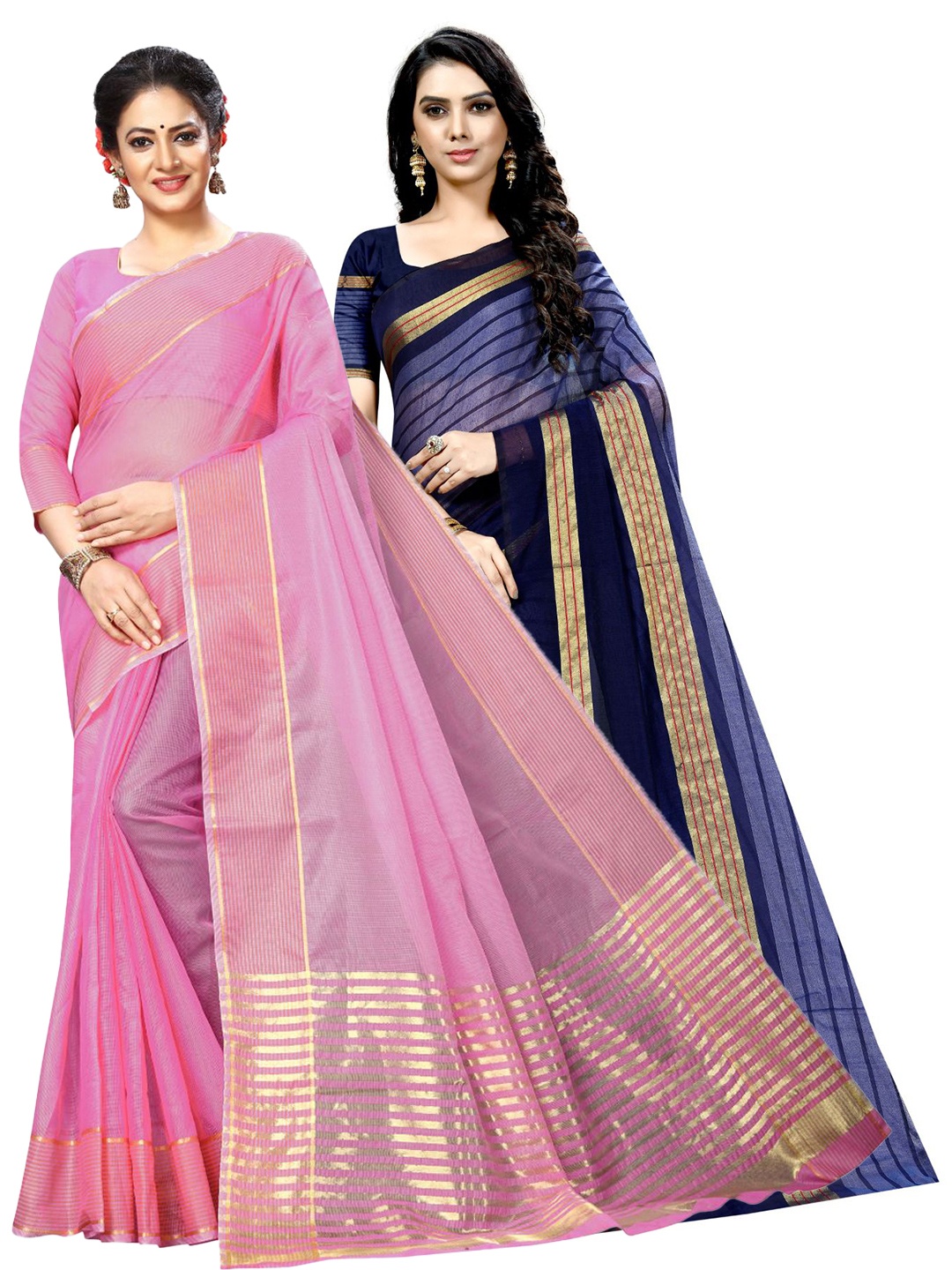 

SAADHVI A Selection of 2 Striped Sarees, Pink