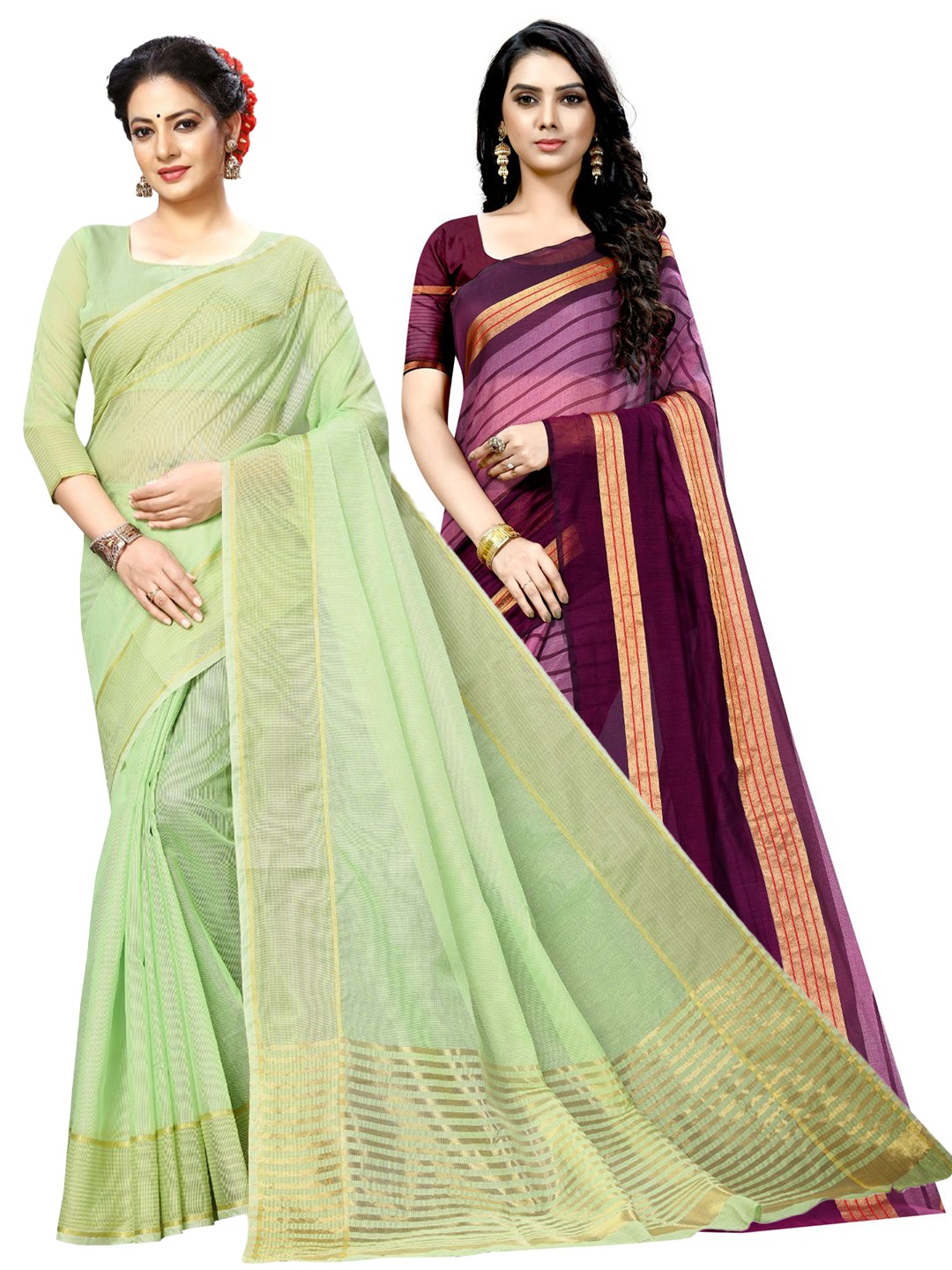 

SAADHVI A Selection of 2 Striped Sarees, Sea green