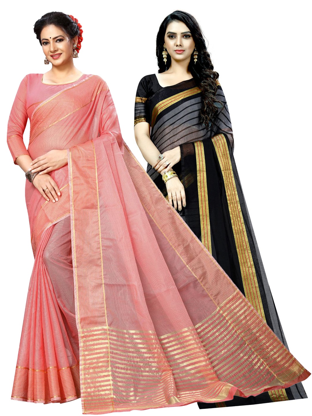 

SAADHVI A Selection of 2 Striped Sarees, Peach