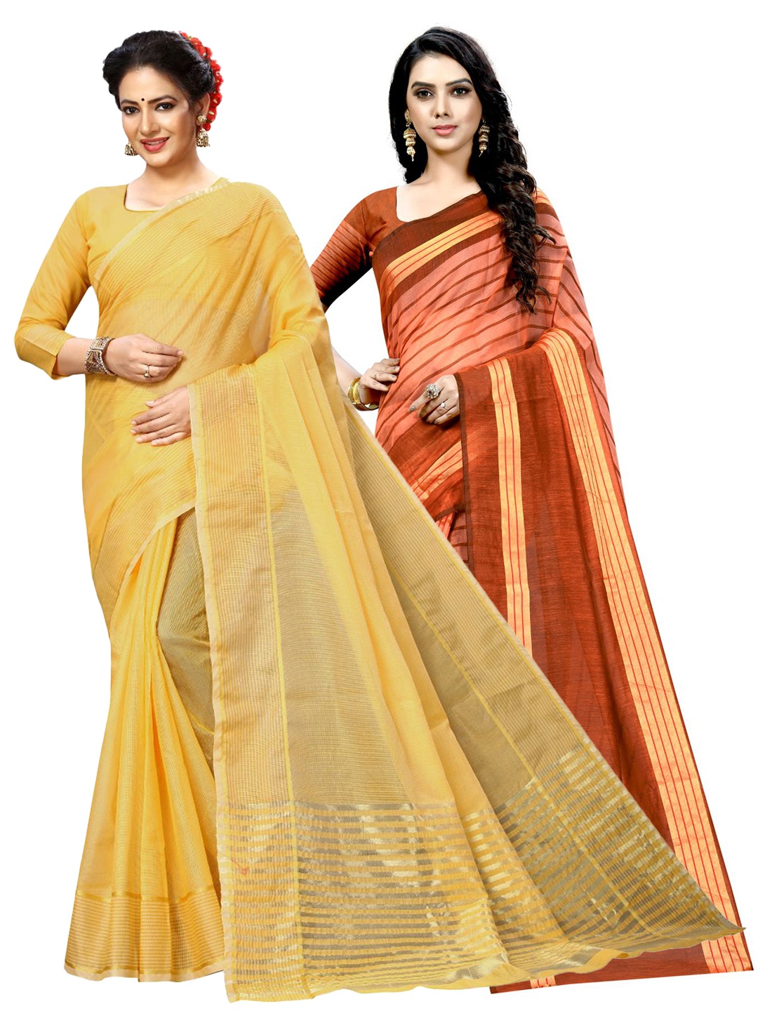 

SAADHVI A Selection of 2 Striped Sarees, Yellow