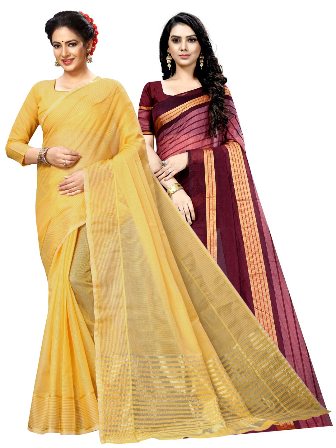 

SAADHVI A Selection of 2 Striped Sarees, Yellow
