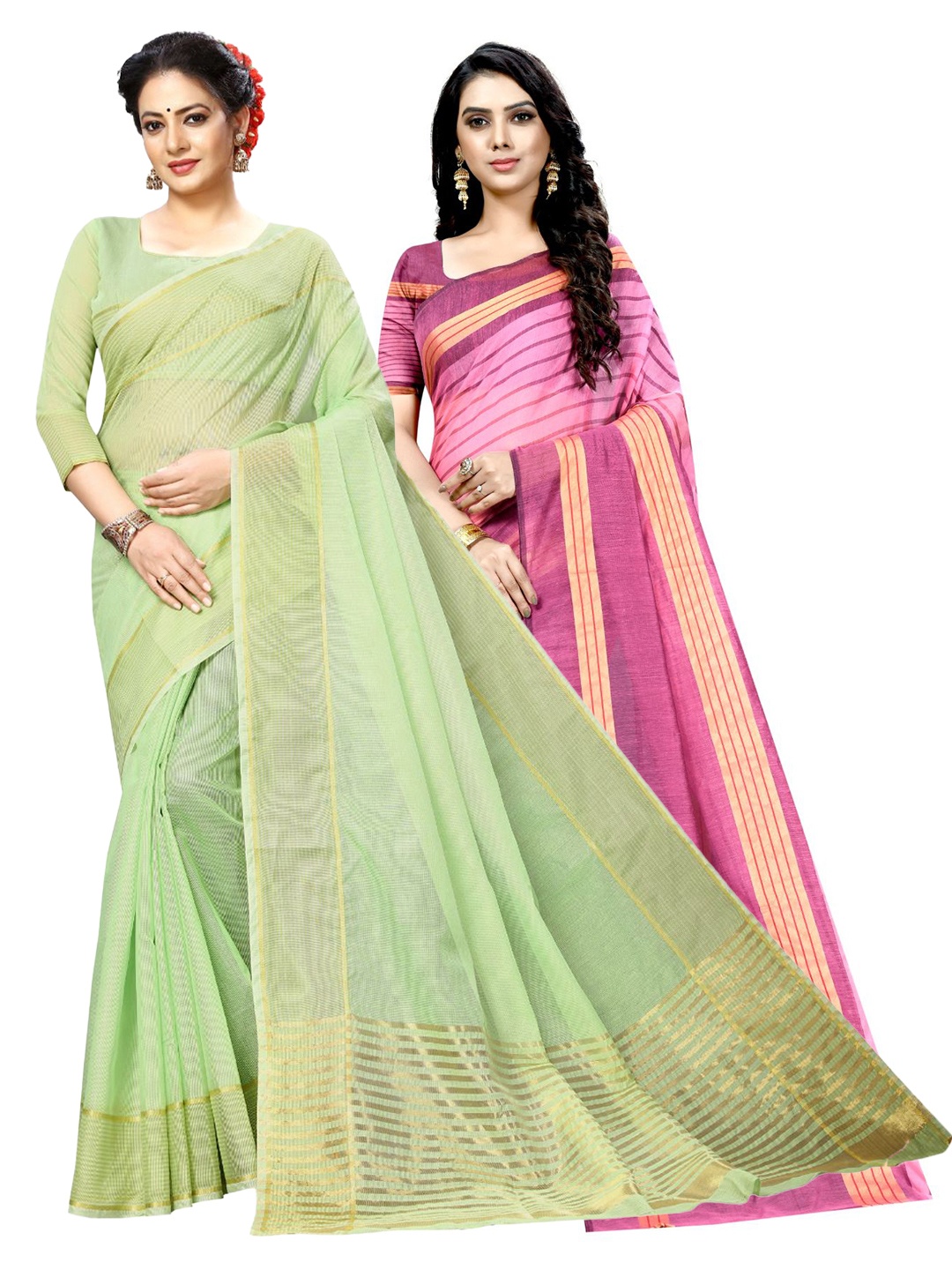 

SAADHVI A Selection of 2 Striped Sarees, Sea green