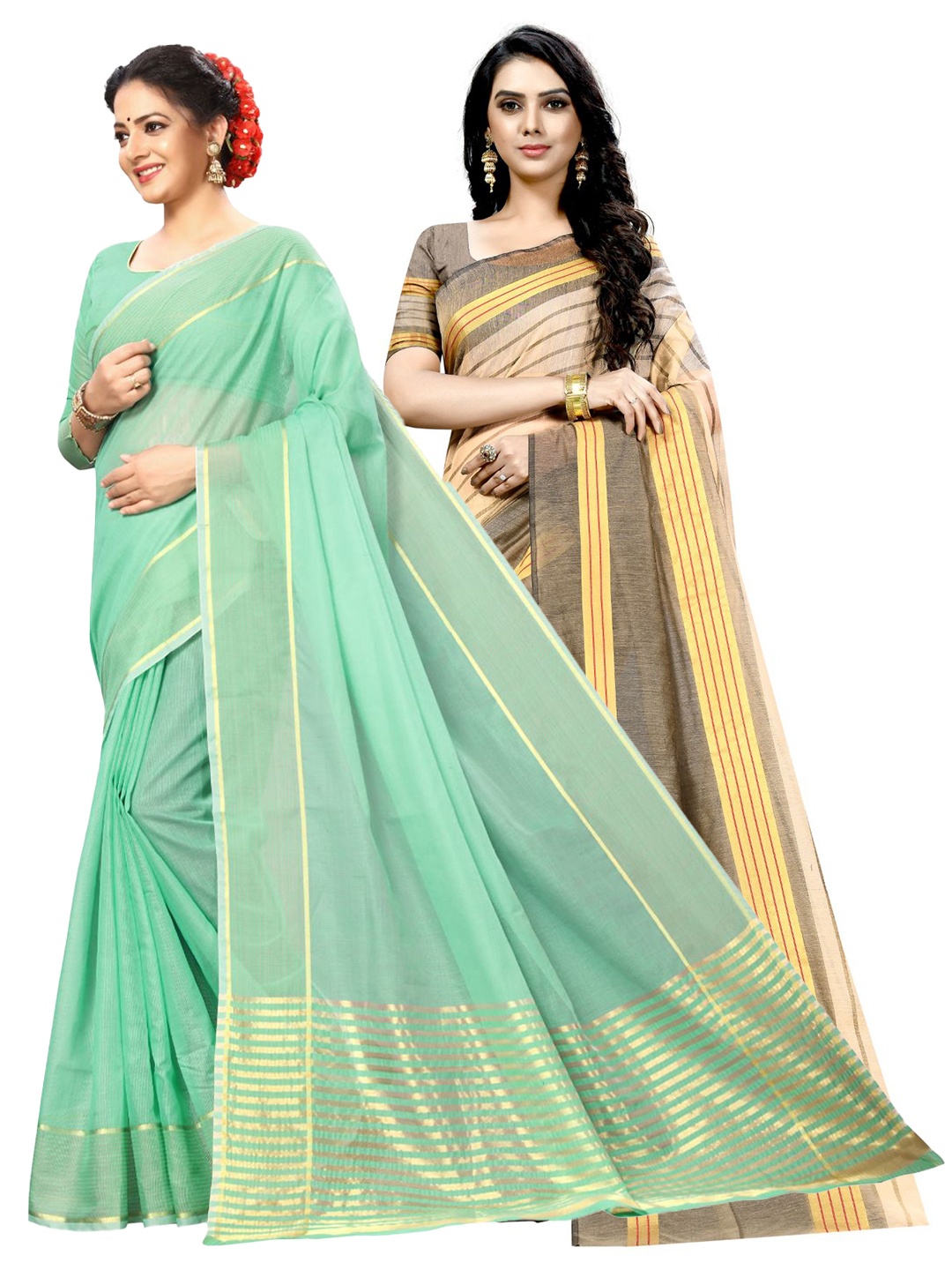 

SAADHVI A Selection of 2 Striped Sarees, Sea green