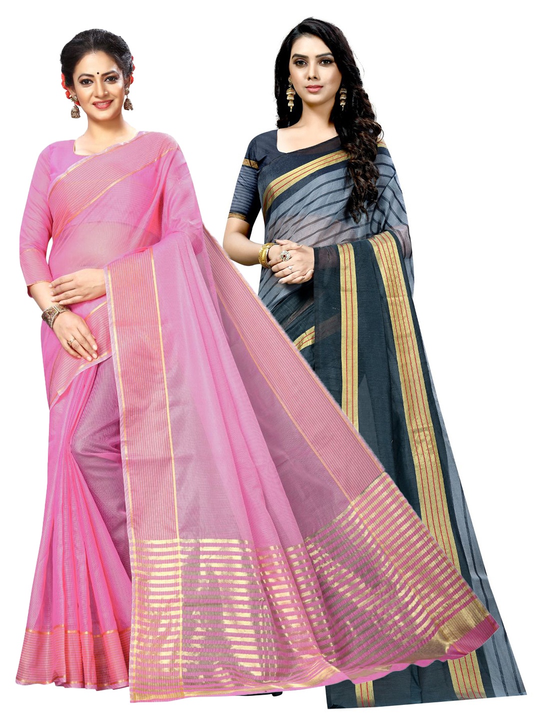 

SAADHVI A Selection of 2 Striped Sarees, Pink