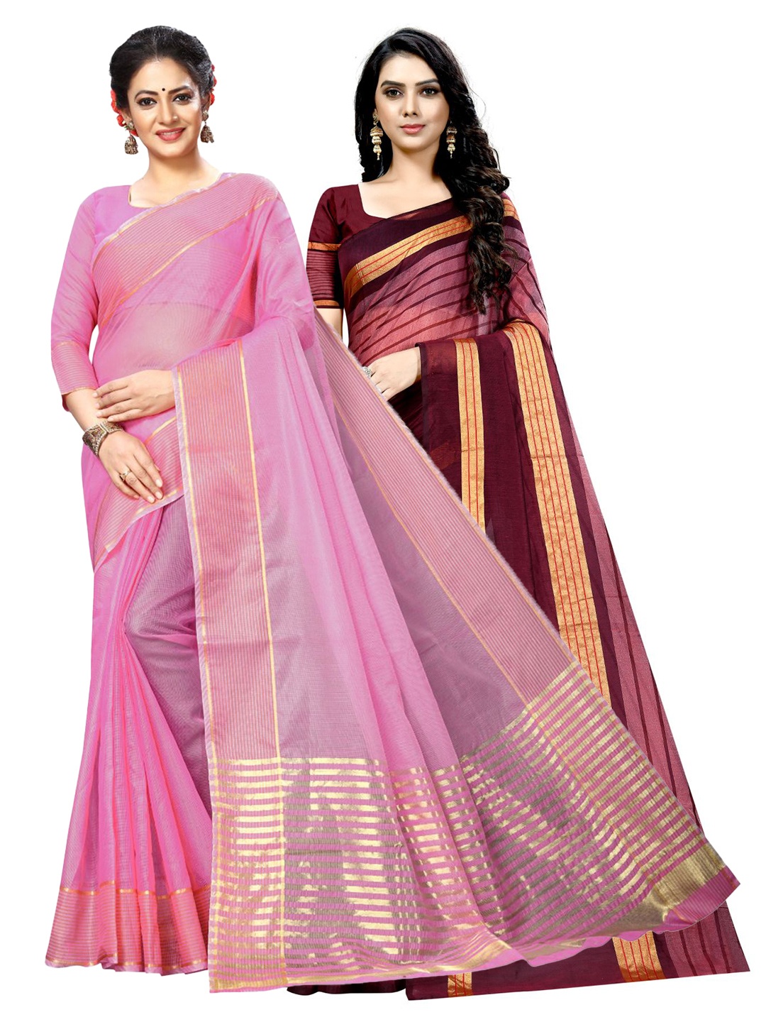 

SAADHVI A Selection of 2 Striped Sarees, Pink