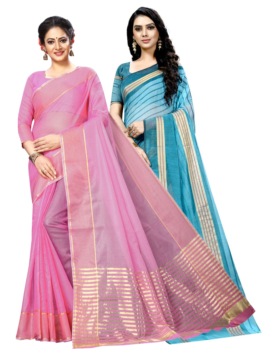 

SAADHVI A Selection of 2 Striped Sarees, Pink