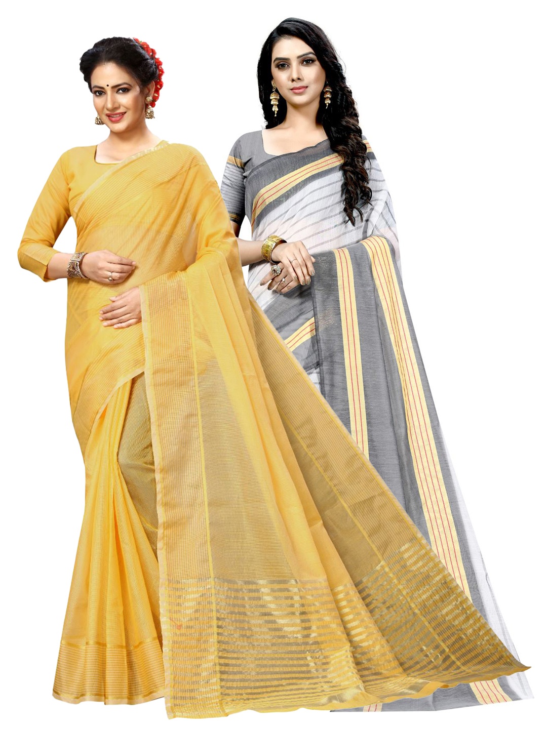 

SAADHVI A Selection of 2 Striped Sarees, Yellow