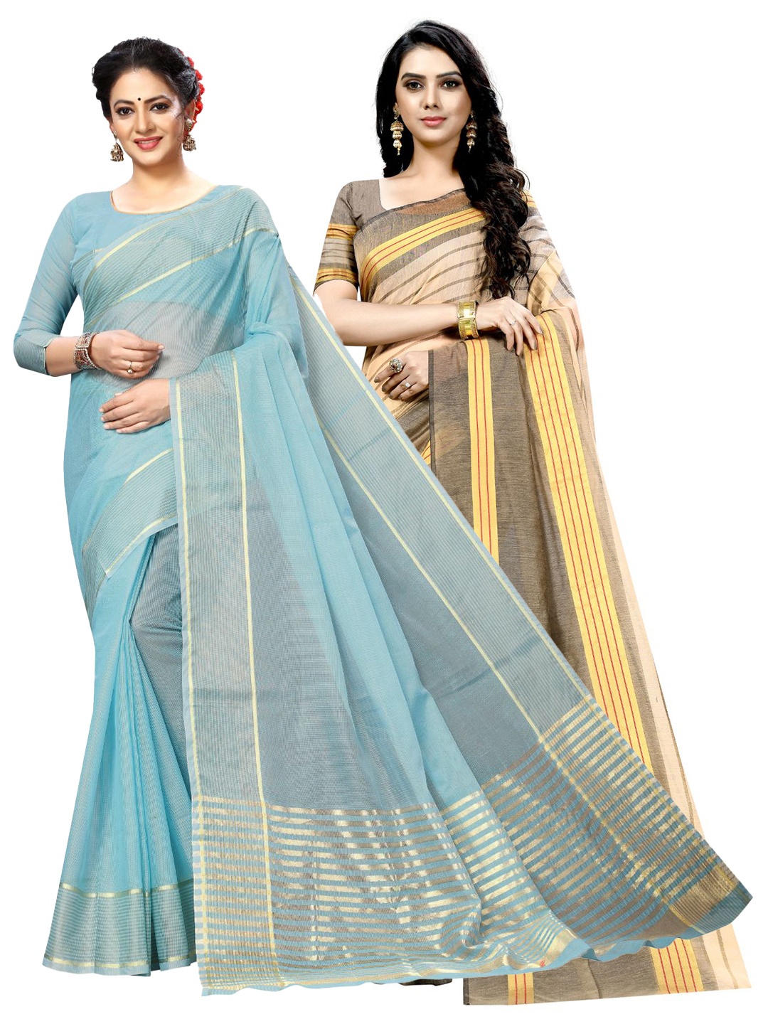 

SAADHVI A Selection of 2 Striped Sarees, Blue
