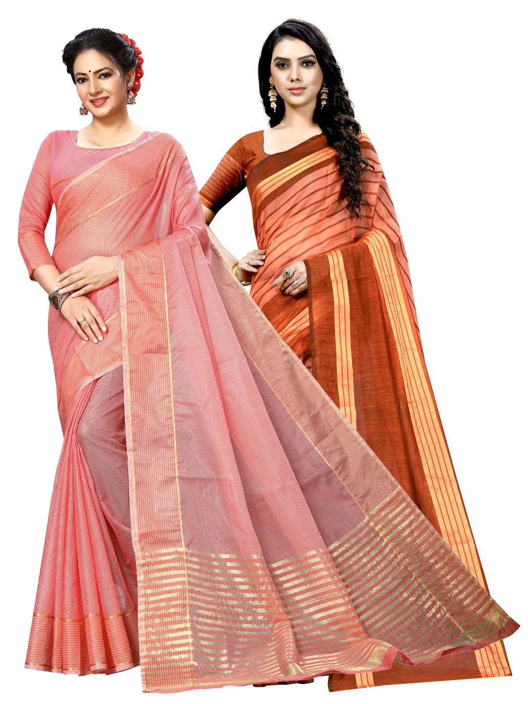 

SAADHVI A Selection of 2 Striped Sarees, Peach