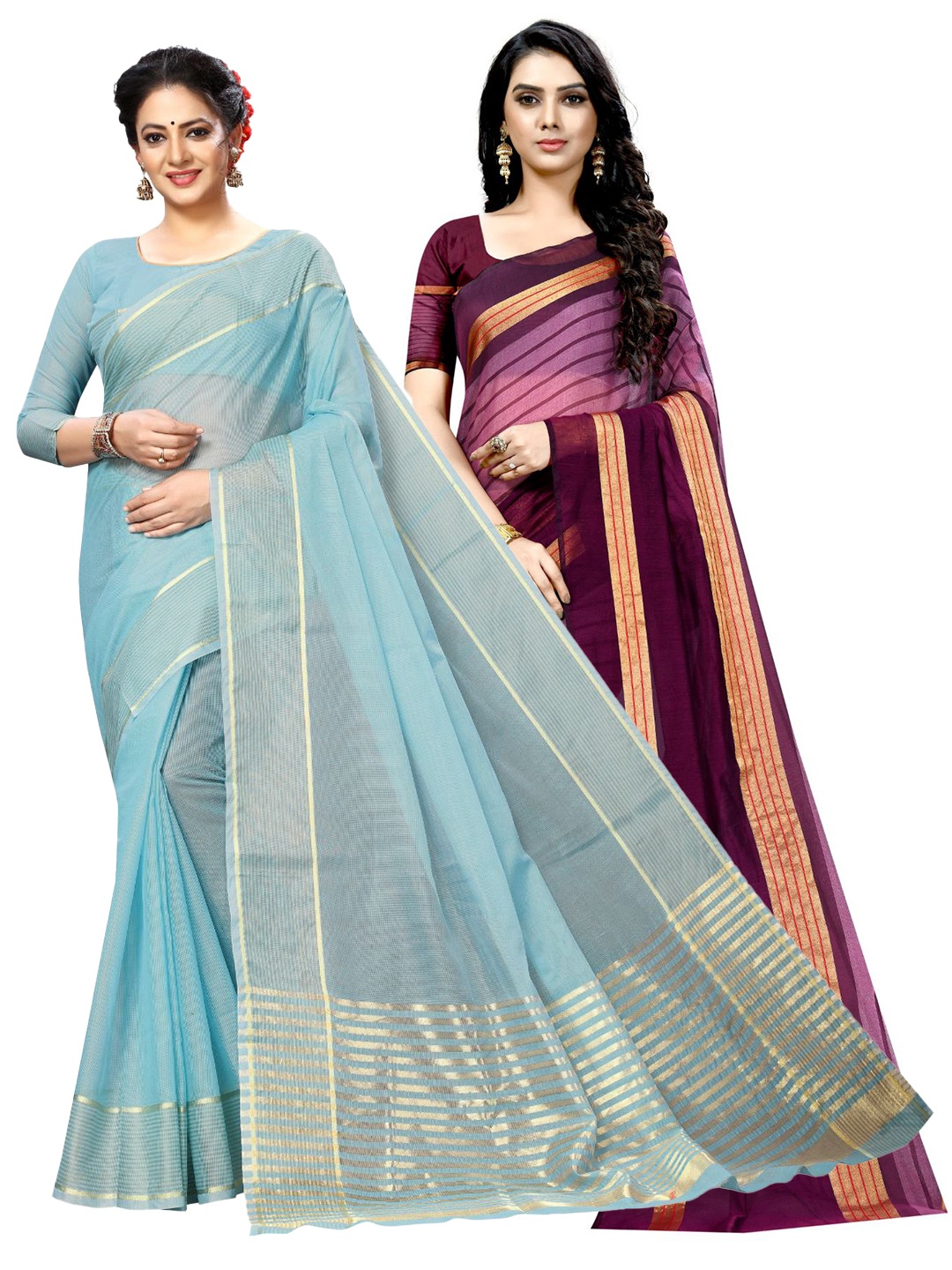 

SAADHVI A Selection of 2 Striped Sarees, Blue