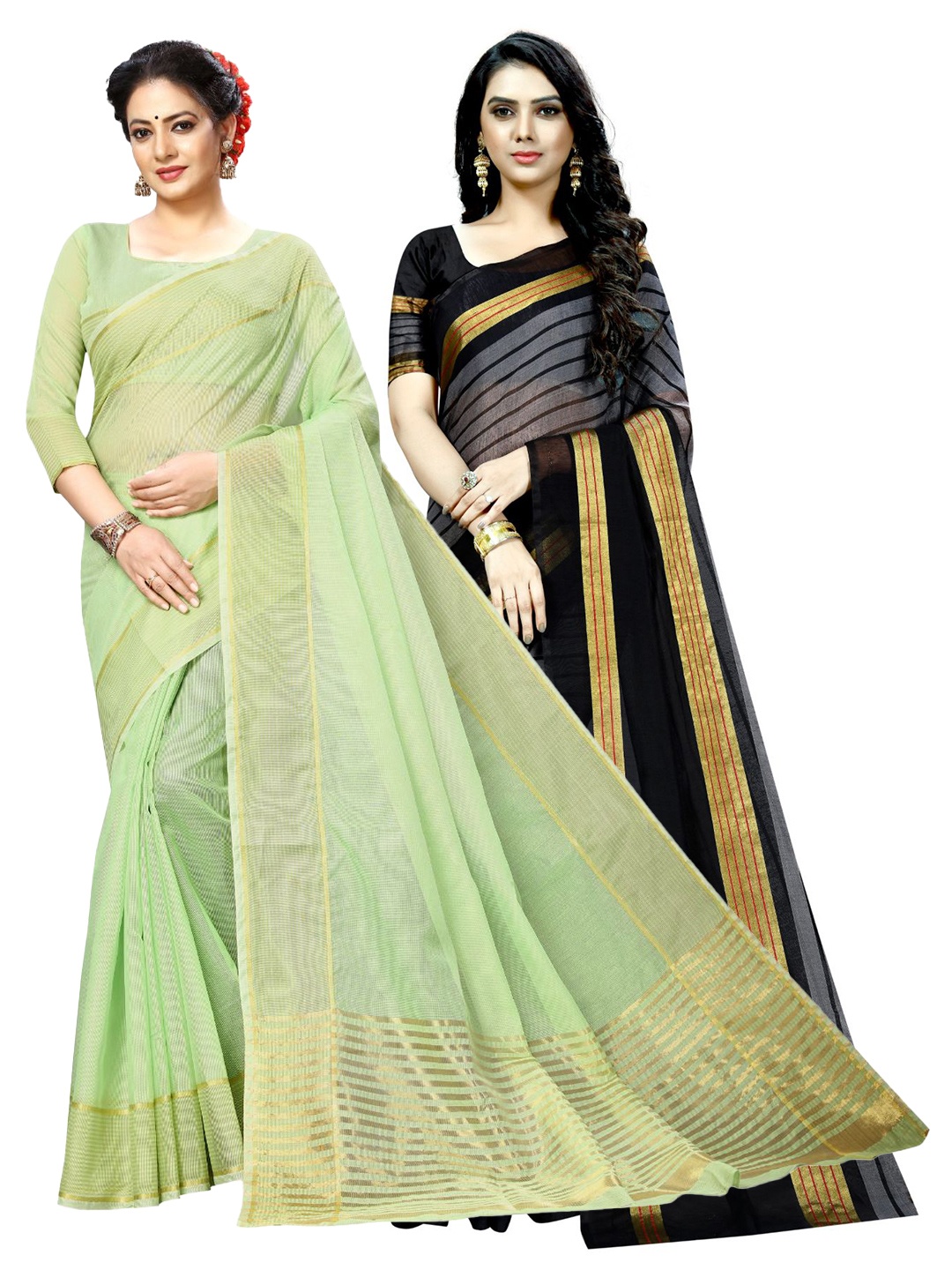 

SAADHVI A Selection of 2 Striped Sarees, Sea green