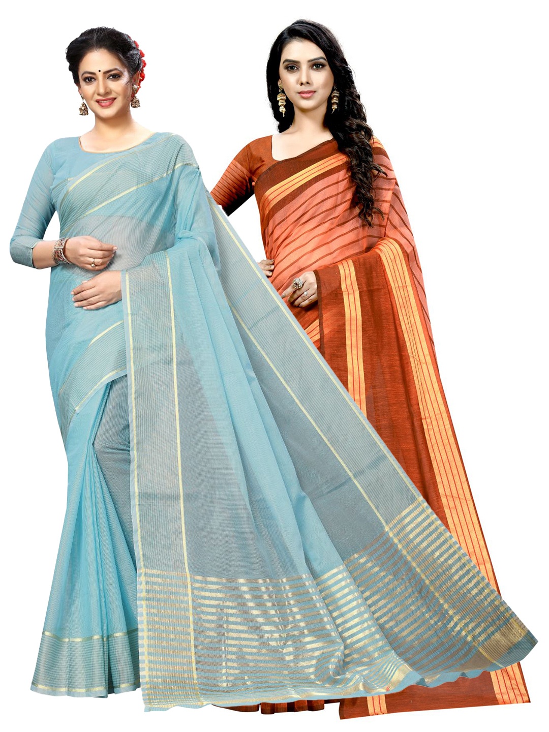 

SAADHVI A Selection of 2 Striped Sarees, Blue